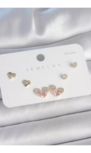 Pirinç Gold Renk Pembe Zirkon Taşlı Kalp Model 925 Ayar Gümüş Çivi Kadın Küpe Seti
