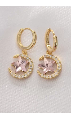 Pirinç Gold Renk Pembe Zirkon Taşlı Yıldız Detay Ay Küpe