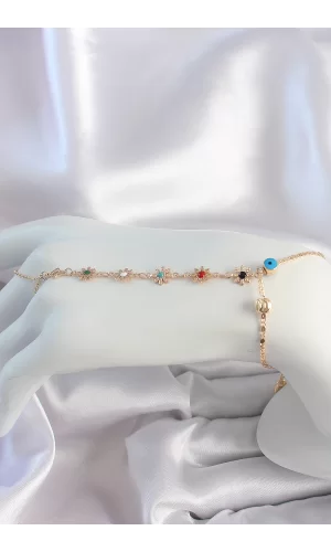 Pirinç Gold Renk Renkli Taşlı Çiçek Model Nazar Boncuk Detay Şahmeran