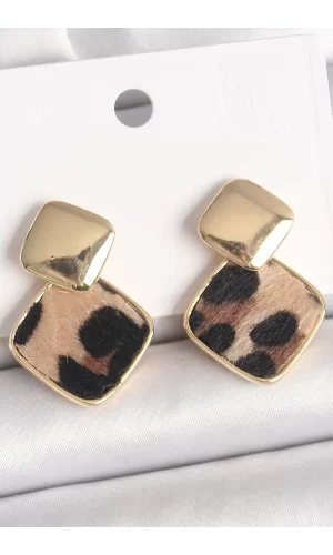 Pirinç Gold Renk Sallant Kare Leopar Desen Model Kadın Küpe