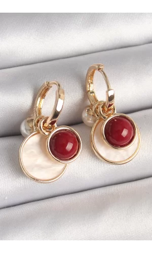 Pirinç Gold Renk Sallantı Beyaz Mineli Bordo Detay Kadın Küpe
