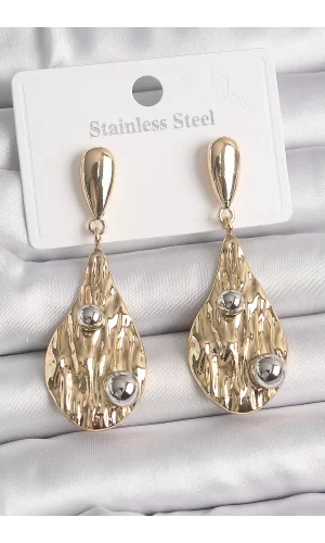 Pirinç Gold Renk Sallantı Damla Model Gümüş Top Detay Kadın Küpe