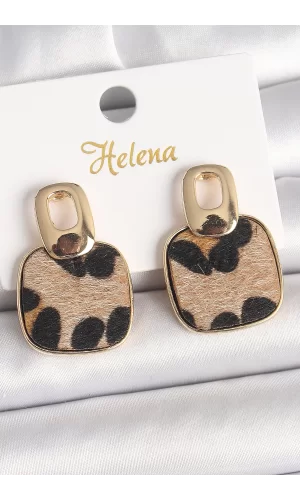 Pirinç Gold Renk Sallantı Kare Leopar Model Kadın Küpe
