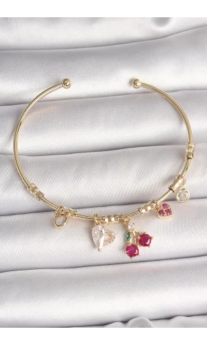 Pirinç Gold Renk Sallantı Kırmızı Zirkon Taşlı Kiraz Figür Charm Kadın Bileklik