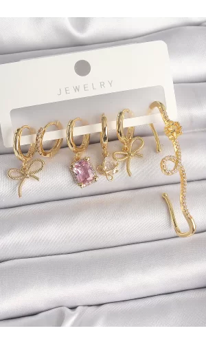 Pirinç Gold Renk Sallantı Kurdele Model Pembe Kare Zirkon Taşlı Kadın Küpe Seti