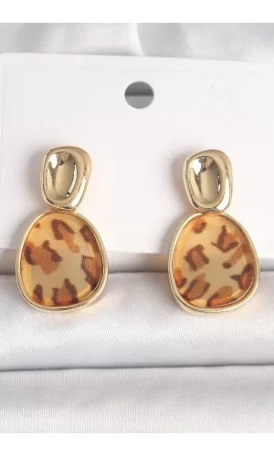 Pirinç Gold Renk Sallantı Leopar Desen Kare Model Kadın Küpe