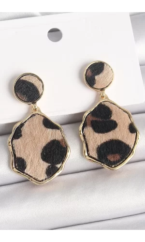 Pirinç Gold Renk Sallantı Leopar Desen Plaka Model Kadın Küpe