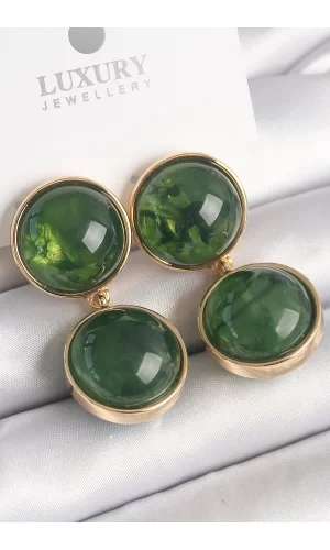 Pirinç Gold Renk Sallantı Yeşil Mineli Daire Model Kadın Küpe