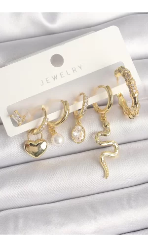 Pirinç Gold Renk Sallantı Yılan Model Zirkon Taşlı Halka Kilit Kalp Detay Kadın Küpe Seti
