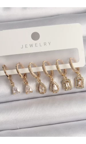 Pirinç Gold Renk Sallantı Zirkon Taşı Damla Model Kadın Küpe Seti