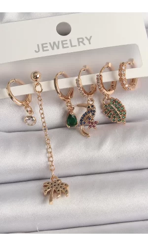 Pirinç Gold Renk Sallantı Zirkon Taşlı Ağaç Figür Kadın Küpe Seti