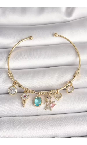 Pirinç Gold Renk Sallantı Zirkon Taşlı AYıcık Figür Kalp Detay Charm Kadın Bileklik