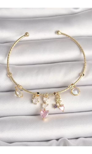 Pirinç Gold Renk Sallantı Zirkon Taşlı Kalp Figür Pembe Kalp Detay Charm Kadın Bileklik