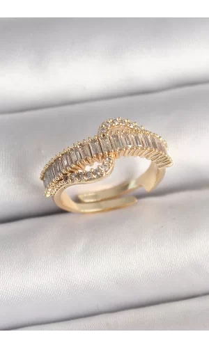 Pirinç Gold Renk Su Yolu Zirkon Taşlı Ayarlanabilir Model Kadın Yüzük