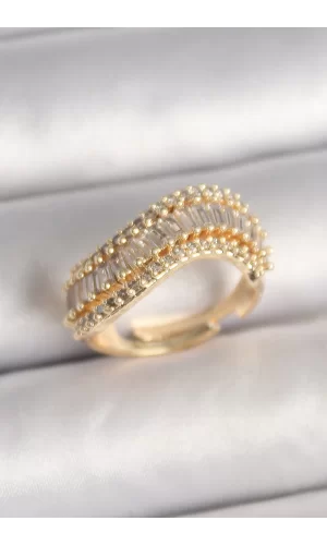 Pirinç Gold Renk Su Yolu Zirkon Taşlı Dalga Model Ayarlanabilir Kadın Yüzük