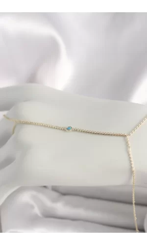 Pirinç Gold Renk Su Yolu Zirkon Taşlı Mavi Taş Detaylı Kadın Şahmeran