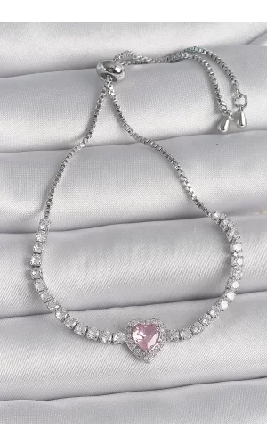 Pirinç Gold Renk Su Yolu Zirkon Taşlı Pembe Zirkon Taşlı Kalp Asansör Model Charm Kadın Bileklik