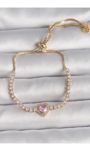 Pirinç Gold Renk Su Yolu Zirkon Taşlı Pembe Zirkon Taşlı Kalp Asansör Model Charm Kadın Bileklik