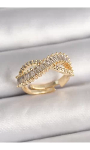 Pirinç Gold Renk Su Yolu Zirkon Taşlı Sonsuzluk Model Ayarlanabilir Kadın Yüzük
