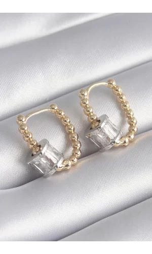 Pirinç Gold Renk Top Model Gümüş Renk Zirkon Taşlı Kadın Küpe