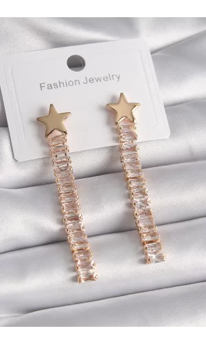 Pirinç Gold Renk Yıldız Model Su Yolu Zirkon Taşlı Kadın Küpe