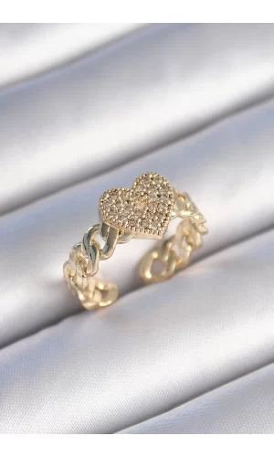 Pirinç Gold Renk Zincir Kordon Zirkon Taşlı Kalp Model Kadın Yüzük