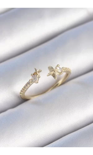 Pirinç Gold Renk Zirkon Taş Detay Yıldız Model Kadın Yüzük
