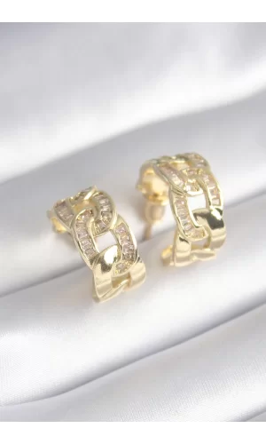 Pirinç Gold Renk Zirkon Taş Detay Zincir Model Kadın Küpe
