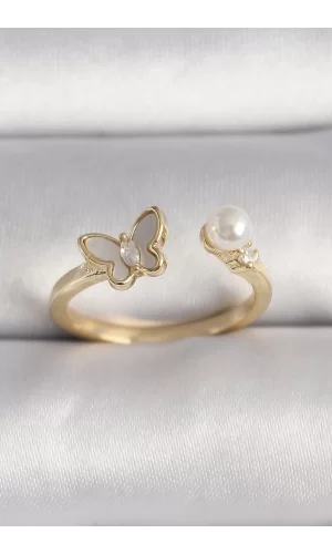 Pirinç Gold Renk Zirkon Taş Detaylı Beyaz Mineli Kelebek Model İnci Detay Ayarlanabilir Yüzük