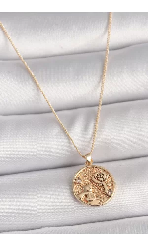 Pirinç Gold Renk Zirkon Taş Detaylı Gül İşleme Madalyon Model Kadın Kolye