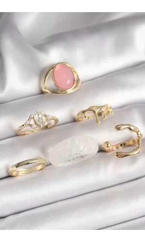 Pirinç Gold Renk Zirkon Taş Detaylı Pembe Mineli 6Lı Kadın Yüzük Seti