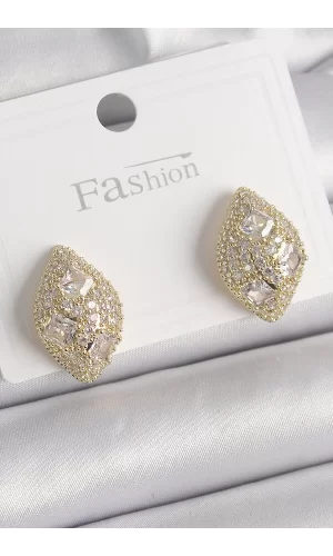 Pirinç Gold Renk Zirkon Taş İşlemeli Damla Model Kadın Küpe