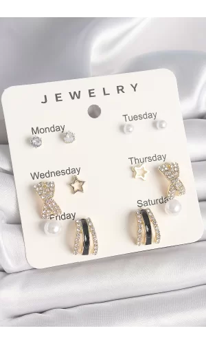 Pirinç Gold Renk Zirkon Taş Yıldız Detaylı İncili 7Li Set Kadın Küpe Seti