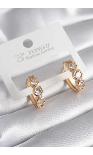 Pirinç Gold Renk Zirkon Taşı Kalp Detay Kadın Küpe