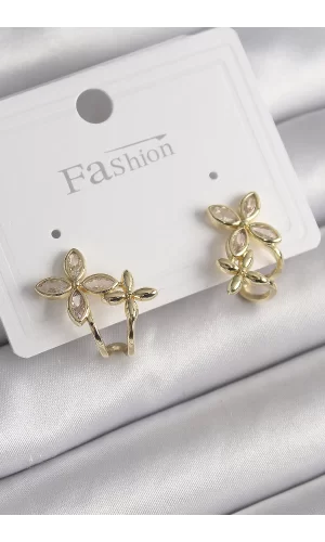 Pirinç Gold Renk Zirkon Taşlı 2Li Çiçek Model Kadın Küpe