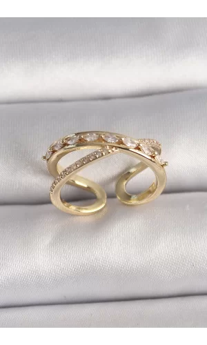 Pirinç Gold Renk Zirkon Taşlı Ayarlanabilir Kadın Yüzük
