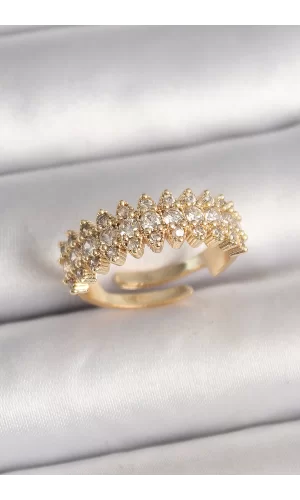 Pirinç Gold Renk Zirkon Taşlı Ayarlanabilir Model Kadın Yüzük