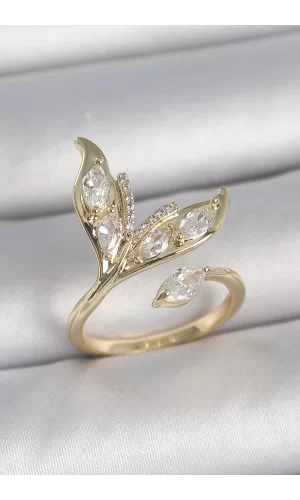 Pirinç Gold Renk Zirkon Taşlı Balık Kuyruğu Model Ayarlanabilir Model Kadın Yüzük