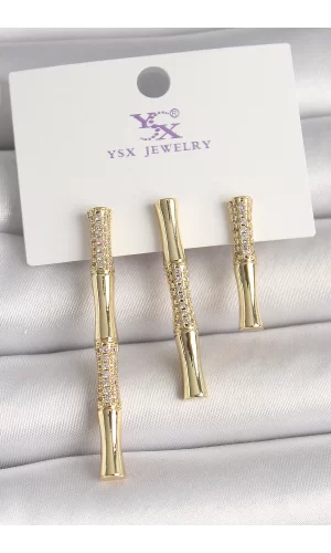 Pirinç Gold Renk Zirkon Taşlı Bambu Model 3Lü Kadın Kombin Küpe