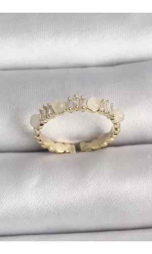 Pirinç Gold Renk Zirkon Taşlı Beyaz Mineli Ayarlanabilir Yüzük
