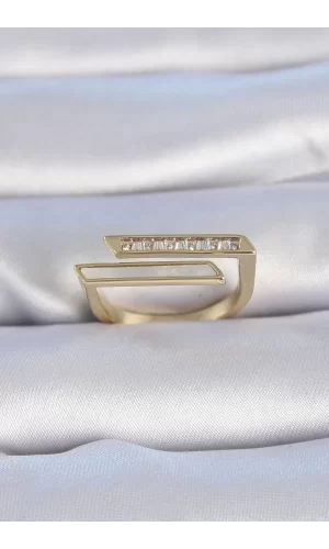 Pirinç Gold Renk Zirkon Taşlı Beyaz Sedef Detay Kadın Yüzük
