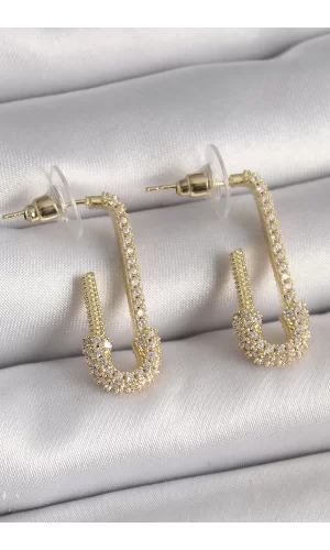 Pirinç Gold Renk Zirkon Taşlı Çengelli İğne Model Kadın Küpe