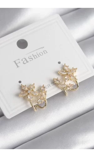 Pirinç Gold Renk Zirkon Taşlı Çiçek Model Kadın Küpe
