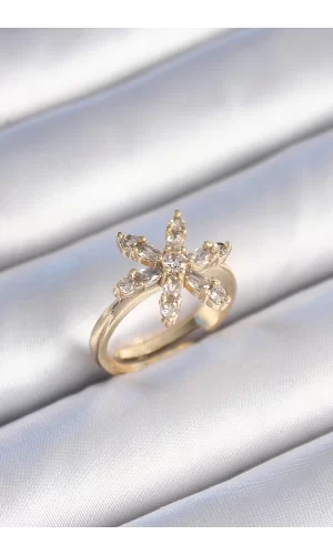 Pirinç Gold Renk Zirkon Taşlı Çiçek Model Kadın Yüzük