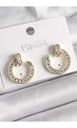 Pirinç Gold Renk Zirkon Taşlı Çivi Halka Model Kadın Küpe