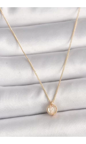 Pirinç Gold Renk Zirkon Taşlı Daire Kafes Model Kadın Kolye