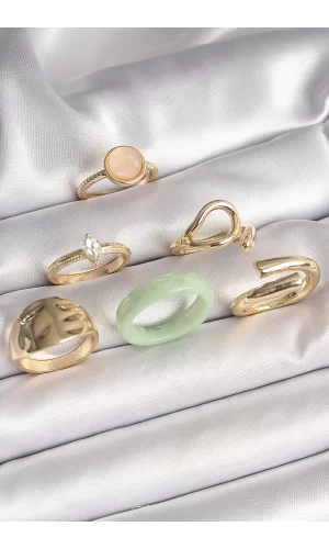 Pirinç Gold Renk Zirkon Taşlı Daire Pembe Mineli Detay 6Lı Kadın Yüzük Seti