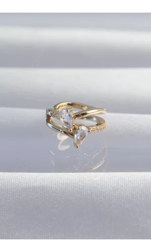 Pirinç Gold Renk Zirkon Taşlı Damla Earcuff Küpe
