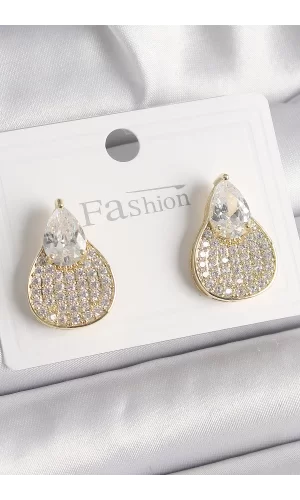 Pirinç Gold Renk Zirkon Taşlı Damla Model Kadın Küpe