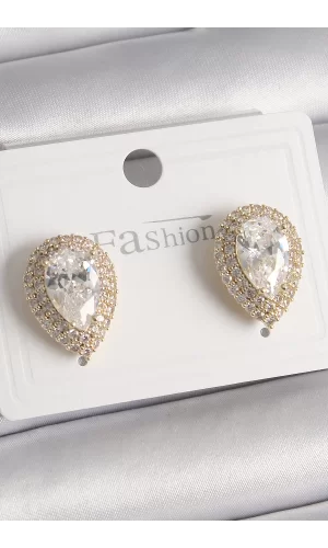 Pirinç Gold Renk Zirkon Taşlı Damla Model Kadın Küpe